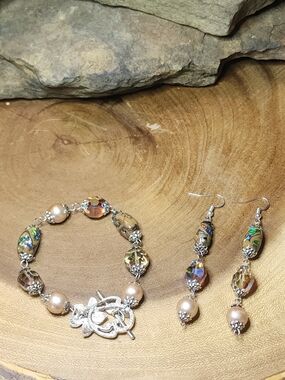 Bracelet & Earrings Set With Faux Pearls & AB Glass Crystal & Lampwork Beads